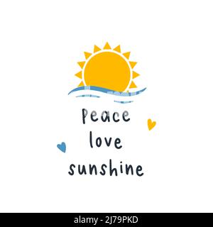 Eine Postkarte mit einer einfachen symbolischen Landschaft. Sonnenuntergang im Meer. Abstrakte Sonne und Meereswellen. Druck auf Kleidung mit dem Text - Frieden Liebe Sonnenschein.Vec Stock Vektor