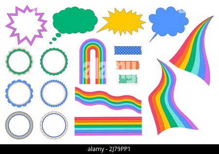 Eine Reihe von dekorativen Elementen mit einem Strich, welligen Regenbögen, gemustertem Klebeband, Rahmen, einer Sprechblase, Eine Gedankenwolke. Vektorgrafik in hellen Farben Stock Vektor