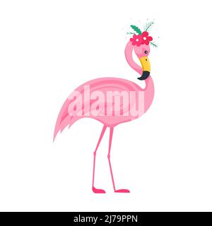 Niedlicher rosa Flamingo mit einem Blumenarrangement auf dem Kopf. Bouquet von rosa Blumen und Blättern. Ein heller Charakter, ein Vogel. Vektordarstellung in einem Fla Stock Vektor