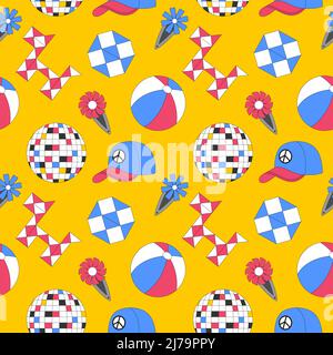 Nahtloses Muster mit Retro-Vintage-Elementen. Ball, Puzzle, Disco Ball. Symbole der 90s. Ideal für Textilien und Packpapier. Farbvektor-Abb. Stock Vektor