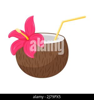 Kokosnusscocktail mit Stroh und Hibiskusblüte. Ein erfrischendes Getränk am Strand im Sommer. Ein Symbol für eine Strandparty. Vektorgrafik in einem flachen Cartoon Stock Vektor