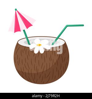 Kokosnusscocktail mit Stroh, Regenschirm und Blume. Ein erfrischendes Getränk am Strand im Sommer. Ein Symbol für eine Strandparty. Vektor-Illustration in einer flachen Cartoon-st Stock Vektor