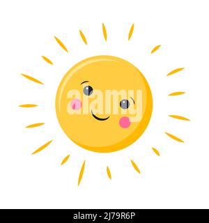 Eine einfache Sonne mit Gesicht und Augen. Süße abstrakte Sonne mit Strahlen. Ein Symbol des Sommers, des Wetters. Eine einfache Vektordarstellung in einem flachen Cartoon-Stil isol Stock Vektor