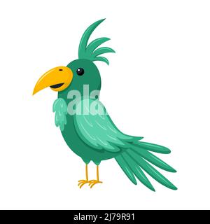 Niedlicher grüner Papagei. Ein tropischer Vogel. Ein exotisches Tier. Vektorgrafik in einem flachen Cartoon-Stil isoliert auf einem weißen Hintergrund Stock Vektor