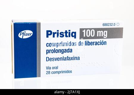 Huelva, Spanien - 07. Mai 2022: Desvenlafaxin, unter anderem unter dem Markennamen Pristiq als verkauft, ist ein Medikament zur Behandlung von Depressionen. Stockfoto