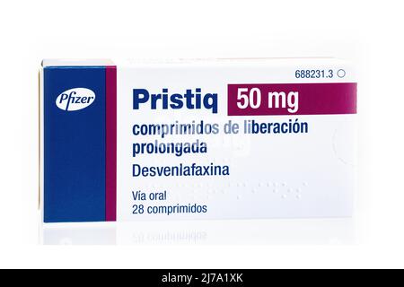 Huelva, Spanien - 07. Mai 2022: Desvenlafaxin, unter anderem unter dem Markennamen Pristiq als verkauft, ist ein Medikament zur Behandlung von Depressionen. Stockfoto