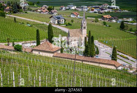 Tramin Village entlang der Weinrote. Tramin ist das Weinbaudorf Südtirols - Norditalien - und seine Geschichte ist eng verbunden Stockfoto