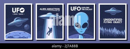 Space UFO-Poster. Retro Alien, fliegendes Objekt und Raumfahrt Vektor Illustration Set Stock Vektor
