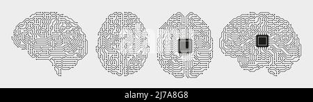 Leiterplattengehirne. Künstliche Intelligenz Mikrochip, AI-Chip und digitale Gehirn-Prozessor Vektor-Illustration-Set Stock Vektor