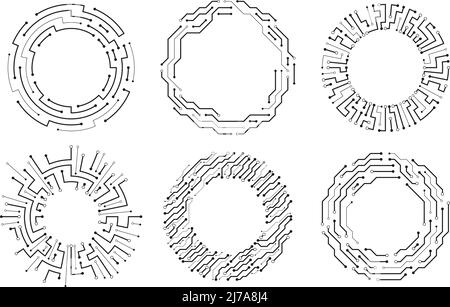 Kreis-Rahmen der Leiterplatte. Abstrakter digitaler runder Rahmen, Hardwareboard und elictronic Motherboard Pattern Vector Set Stock Vektor