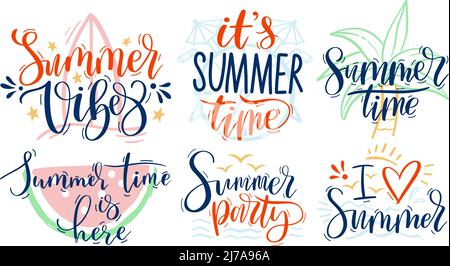 Sommerzeit. Handgezeichneter Schriftzug, Sommer-Tags und Season Party Vektor Illustration Set Stock Vektor