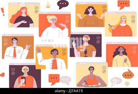 Videokonferenz-Meeting. Virtuelle Teamdiskussion per Videochat, lächelnde Männer und Frauen arbeiten von zu Hause aus. Vektor der Webkommunikation Stock Vektor