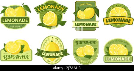 Limonadenetikett. Frische und natürliche Limonaden Tag mit gelben Zitronenfrüchten, Zitrussaft Aufkleber Vektor-Set Stock Vektor