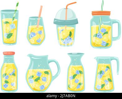 Kalte Limonade. Frische Getränke, hausgemachte Limonade in der Flasche, Krug und Glas mit Zitronenscheiben und Eiswürfeln Vektor-Illustration-Set Stock Vektor