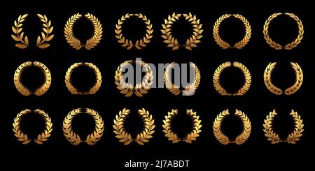 Goldener 3D Lorbeerkranz. Zierrahmen aus Goldweizen, runder heraldischer Rahmen und Premium-Kreiszweig mit Blattvektor-Set Stock Vektor