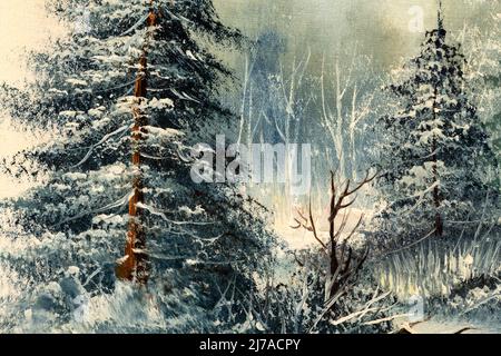 Immergrüne Pinien in einem verschneiten Feld. Nahaufnahme des Ölgemäldes der Vintage-Winterszene. Weihnachtskonzept. Stockfoto