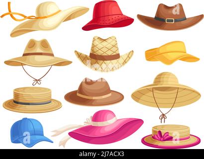 Sommerhüte. Stilvolle Kopfbedeckungen für Männer und Frauen, Cowboy-Hut und Zubehör Cartoon-Vektor-Set Stock Vektor