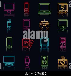 Set von digitalen Geräten modernen Neon dünnen Strich farbige Symbole auf schwarzem Hintergrund Stock Vektor