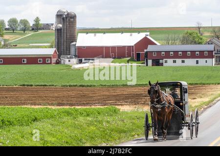 Lancaster County, Pennsylvania-5. Mai 2022: Ein Amish-Buggy fährt auf einer Landstraße in Lancaster County. Stockfoto