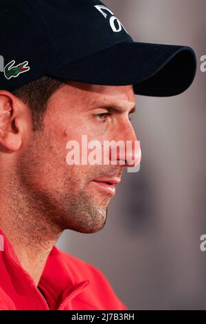 Novak Djokovic gesehen während einer Pressekonferenz bei den Mutua Madrid Open im La Caja Magica in Madrid. Stockfoto