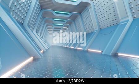 Hellblauer Tunnel Neon leerer Korridor 3D Render Stockfoto