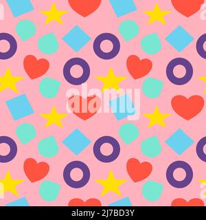 Buntes geometrisches Design in Kreisen, Herzen, Sternen und Quadraten auf rosa Hintergrund. Stockfoto