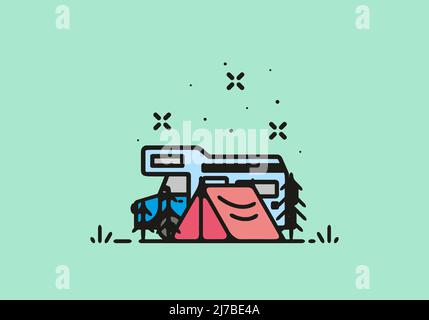 Camping mit Camper van Linie Kunst Illustration Design Stock Vektor