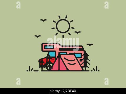 Camping mit Camper van Linie Kunst Illustration Design Stock Vektor