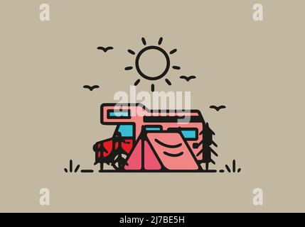 Camping mit Camper van Linie Kunst Illustration Design Stock Vektor