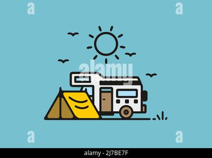 Camping mit Camper van Linie Kunst Illustration Design Stock Vektor