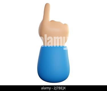 Zeigt die menschliche Hand. Berühren, klicken oder Aufmerksamkeit auf ein Fingerzeichen der Zeichentrickfigur. Realistisches 3D hochwertiges Rendering isoliert auf weißem Hintergrund. Stockfoto