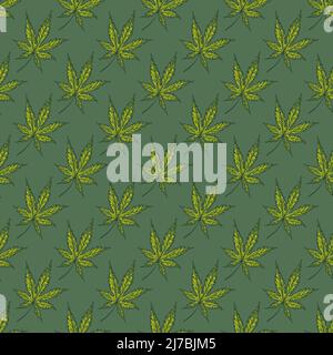 Blätter Cannabis graviert nahtloses Muster. Retro Hintergrund botanisch mit Blatt Marihuana in handgezeichneten Stil. Vektor wiederholt Farbe Design Textur fo Stock Vektor