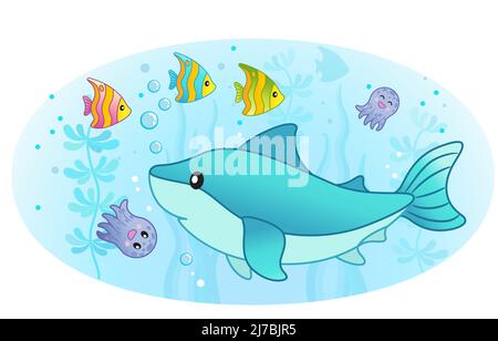 Vektorgrafik Cartoon-Illustration. Unterwasserwelt, leuchtende tropische Fische, Haie und Oktopus Stock Vektor
