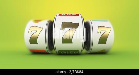 3D Rendering von Slot Maschine mit glücklichen sevens Jackpot. Stockfoto