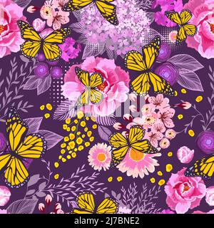 Nahtloser Hintergrund aus rosa und gelben Blumen mit Schmetterlingen. Auf einem dunklen Hintergrund. Vektorgrafik Stock Vektor