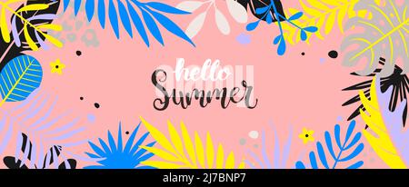 Hallo Sommer 2022 in tropischen Blättern Banner. Stock Vektor