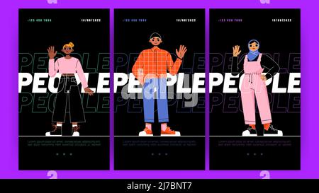 Plakate mit verschiedenen Menschen, multiethnischen internationalen Charakteren. Vector vertikale Banner mit multirassischen jungen Männern und Frauen, afroamerikaner, Ara Stock Vektor