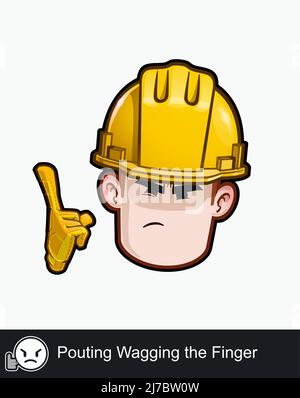 Ikone eines Bauarbeiters Gesicht mit Pouting wedelnden Finger emotionalen Ausdruck. Alle Elemente übersichtlich auf gut beschriebenen Ebenen und Gruppen. Stock Vektor