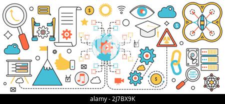 Innovative Technologie der wissenschaftlichen Gründung. Abstrakte Suche nach Lösungen, Entdeckungsprozess mit moderner Ausrüstung, Bildung und Abschluss in Infografik Konzept Banner, dünne Linie Kunst-Design Stock Vektor