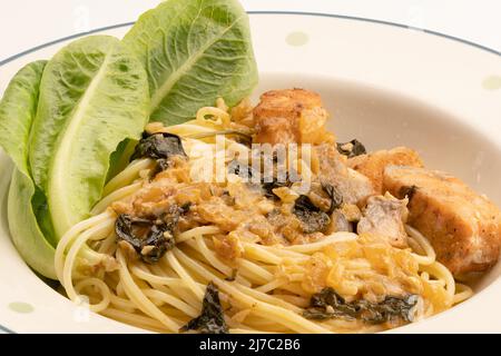 Nahaufnahme der italienischen Küche, hausgemachte cremige Spaghetti mit Spinat, Lachs und grünem Gemüse in weißem Keramikgericht auf weißem Hintergrund. Stockfoto