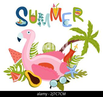 Set aus niedlichen Elementen, aufblasbarem Flamingo-Spielzeug, tropischer Palme, Papaya, Muschel und anderen. Sommer Komposition perfekt für Postkarte, Scrapbooking, Strandparty. Sommerlicher Schriftzug. Vektor. Stock Vektor