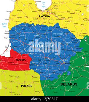 Sehr detaillierte Vektorkarte von Litauen mit Verwaltungsregionen, Hauptstädten und Straßen Stock Vektor
