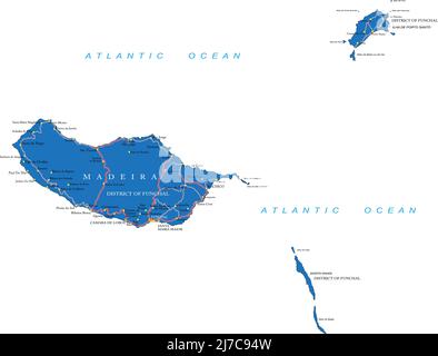 Sehr detaillierte Vektorkarte von Madeira mit Verwaltungsregionen, Hauptstädten und Straßen. Stock Vektor