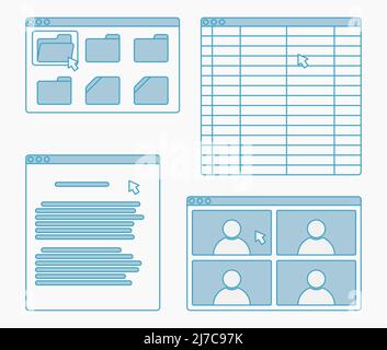 Desktop App Fenster Set Blatt Bericht Video Konferenz Ordner Vektor flache Illustration Stock Vektor