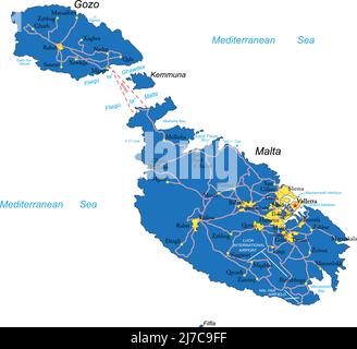 Sehr detaillierte Vektorkarte von Malta mit Verwaltungsregionen, Hauptstädten und Straßen. Stock Vektor