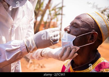 In afrika wird ein afrikanischer älterer Mann mit einem Tupfer in seine Nase, in das Gesundheitswesen und in die Medizin auf Coronavirus getestet Stockfoto