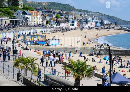 Lyme Regis, Dorset, Großbritannien. 8. Mai 2022. Wetter in Großbritannien: Urlauber und Sonnenanbeter strömen zum belebten Strand des Badeortes Lyme Regis, um heißen Sonnenschein und klaren blauen Himmel zu genießen, während die Hitzewelle im Mai anhält. Es wird nächste Woche mit Temperaturen von bis zu 26 Grad Celsius an der Südküste noch heißer werden. Kredit: Celia McMahon/Alamy Live Nachrichten. Stockfoto