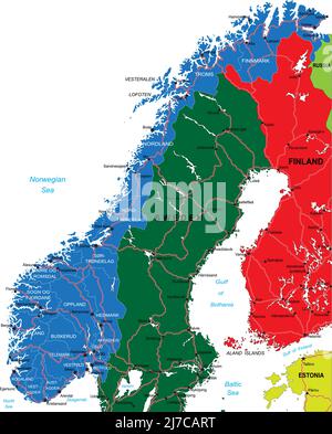 Sehr detaillierte Vektorkarte von Norwegen mit Verwaltungsregionen, Hauptstädten und Straßen. Stock Vektor