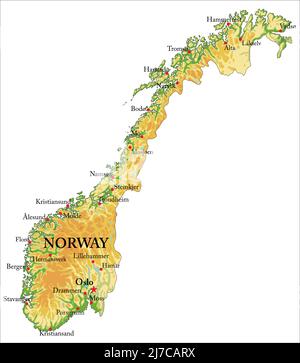 Sehr detaillierte physische Karte von Norwegen, im Vektorformat, mit allen Reliefformen, Regionen und großen Städten. Stock Vektor