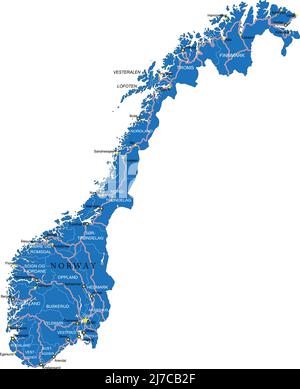 Sehr detaillierte Vektorkarte von Norwegen mit Verwaltungsregionen, Hauptstädten und Straßen. Stock Vektor